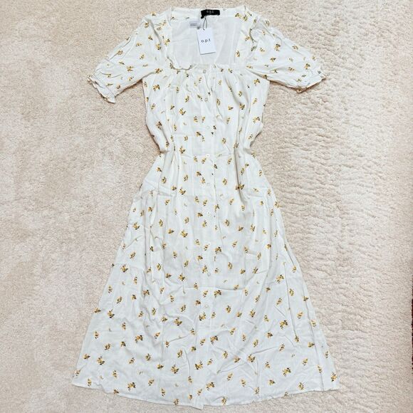 NWT Anthropologie OPT White & Yellow Floral Tie Waist Puff Sleeve Maxi Dress M - Picture 2 of 14